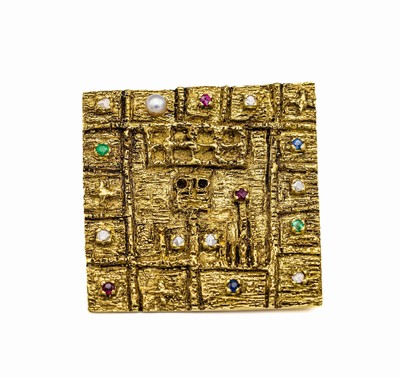 18 kt Gold Brillant-Farbstein-Brosche/ Anhänger, GG 750/000, kl. Farbstein- und Brillantbesatz, total ca. 16 g, ca. 3 x 3 cm, strukturierte ...