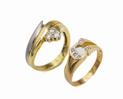 Konvolut 2 14 kt Gold Diamant-Ringe, GG 585/000, 1 x mit 3 Brillanten zus. ca. 0.30 ct Weiß/si, RW 57, und 1 x Ringkopf in Form eines C, mit 5 ...
