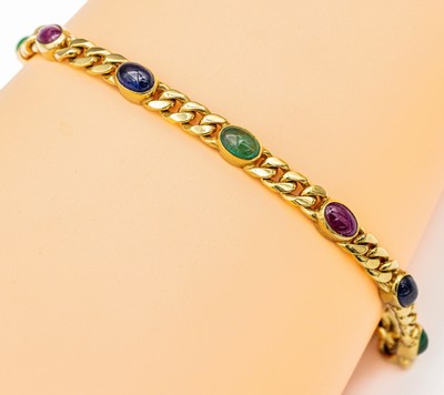 14 kt Gold Farbstein-Armband, GG 585/000, 4Saphir-, 3 Rubin- und 3 Smaragd-Cabochons zus.ca. 6.0 ct, L. ca. 19 cm, Kastenschloss mit 2 ...