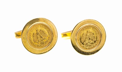 Paar 18 kt Gold Manschettenknöpfe, GG 750/000, 2 mexikanische 2 Pesos Goldmünzen, schlichte Fassung, ca. 11.6 g