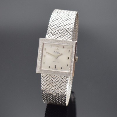 NAVA Armbanduhr in WG 585/000, Schweiz um 1970, Handaufzug, Boden aufgedr., silb. Zifferbl. m. silb. Std.-Ind. und Zeigern, verg. Ankerwerk Kal. FHF ...