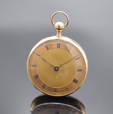 Carillon offene Spindeltaschenuhr in RoséG 750/000 mit 1/4 Std.-Repetition auf 3 Tonfedern, Schweiz um 1840, Geh. dell., verg. Cuvette, guill. ...