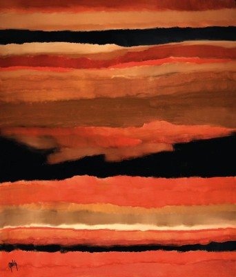 Gaston Gale, geb. 1978, zeitgenössischer belgischer Künstler, abstrakt expressive Farbkomposition, horizontale Staffelung in Orange-, Braun- und ...