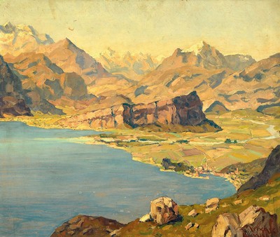 Erich Mercker, 1891 Zabern-1973 München, Landschaft mit Bergen und See, Öl/Hartfaser, rechts unten signiert, kleinere Oberflächen- Schäden, ca. ...