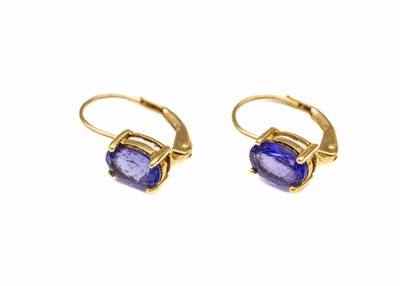 Paar 18 kt Gold Tansanit-Ohrhänger, GG 750/000, 2 ovalfacett. Tansanite zus. ca. 1.50ct, ca. 1.6 g, QVC-Schmuckpass anbei