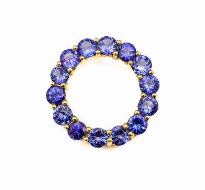 18 kt Gold Tansanit-Anhänger, GG 750/000, kreisförmig, 14 rundfacett. Tansanite zus. ca.2.0 ct, D. ca. 2 cm, ca. 3.7 g, QVC -Schmuckpass anbei