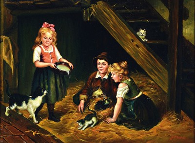 J. Alvera, zeitgenössischer Traditionalist, Kinder mit Katze und Kätzchen in einem Stall, Öl/Holz, links unten signiert, ca. 30x40cm, R. ca. ...
