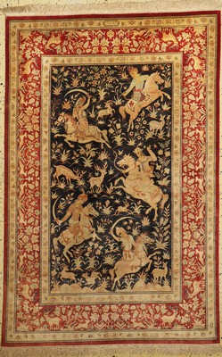 Ghom Seide fein "Jagdmotiv", Persien, ca. 50 Jahre, reine Naturseide, ca. 190 x 125 cm, EHZ: 1-2, fachkundig gereinigt.