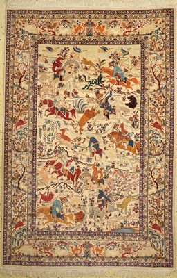 Esfahan fein, Jagdmotiv, Persien, um 1950/1960, Korkwolle mit und auf Seide, ca. 232 x 157 cm, EHZ: 1-2, fachkundig gereinigt