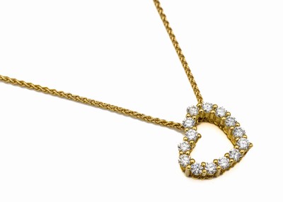 18 kt Gold Brillant-Anhänger "Herz", GG 750/000, 14 Brillanten zus. ca. 0.42 ct feines Weiß/vs-si, an Kette, GG 750/000, L. ca. 45 cm, ...