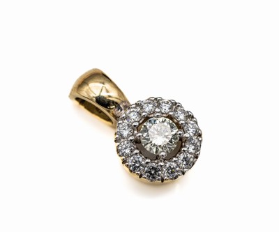 14 kt Gold Brillant-Clipanhänger, GG 585/000, mittig Brillant ca. 0.25 ct l. get. Weiß/si, umgeben von 12 Brillanten zus. ca. 0.24 ct feines ...