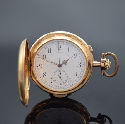 Savonette in RoseG 585/000 mit 1/4-Stunden- Repetition und Chronograph, Schweiz um 1900, Kronenaufzug, 3-Deckel Goldgeh., Cuvette mit ...