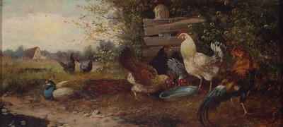 Max Haenger sen., 1874-1941, Hahn, Hühner und Pfau auf dem Hof, Öl/Holz, rechts unten schwer lesbar signiert M. Haenger sen., ca. 12.5x27cm, R. ca. ...