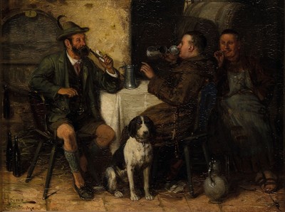 Johann Adalbert Heine, erw. um 1850, Münchener Maler, 2 Pendants: In der Gaststube, 1x Jäger mit Hund, Mönch und Wirt, 1x Jäger mit Hund, Mönch ...