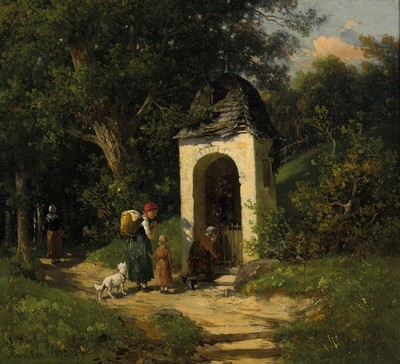 Adolf Chelius, 1856 Frankfurt am Main-1923 München, Personen am Wegrand vor einer kleinen Marienkapelle, Öl/Lwd, links unten signiert und bez. ...