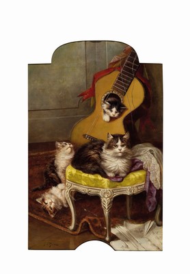 Jules Gustave Le Roy, 1856-1921, französischer Tiermaler, hier: 4 Katzen auf einem Sessel mit zu Boden gefallenen Notenblättern und einer Gitarre ...