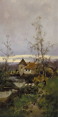 L(ouis) Dupuy, Pseudonym des Eugène Galien- Laloue, 1854 Paris-1941 Chérencé, 2 Pendants mit sommerlichen Landschaften, Bäuerin auf Wiese am ...