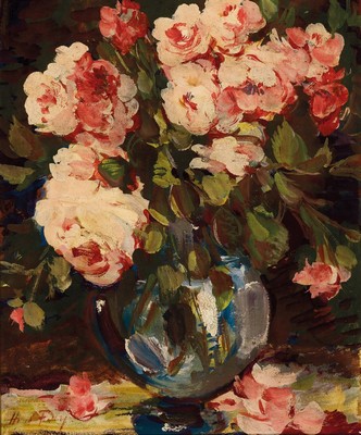 Hanns Fay, 1888 Frankenthal-1957 Neustadt a.d. Weinstraße, Blumenstillleben, Öl/Hartfaser, links unten signiert, rückseitig mit Widmung von 1942, ...