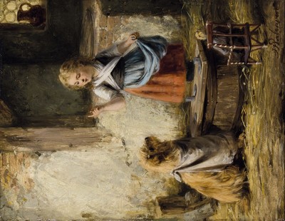 Jan Walraven, 1827 Amsterdam-1863, 2 Pendants: Mädchen beim Füttern der Tauben, bzw. Mädchen einen Hund belehrend, beide Öl/Holz, beide signiert, ...