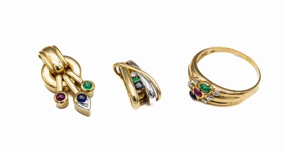 Konvolut 14 kt Gold Farbstein-Schmuck, GG 585/000, best. aus: 1 Ring, RW 65, 1 Clipanhänger, ca. 3 x 1.2 cm, mit Rubin-, Saphir- und ...