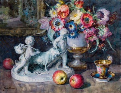Franz Huth, 1876 Pößneck-1970 Weimar, Stillleben mit Blumen, Porzellan und Gemälde, Aquarell auf Papier, links unten signiert, ca. 58x75cm, u.Gl., ...
