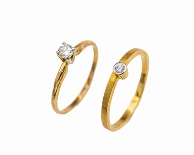Konvolut 2 14 kt Gold Brillant-Ringe, GG 585/000, 1 x Brillant ca. 0.15 ct Weiß/p, RW 61, und 1 x einzelner Brillant 0.06 ct Weiß/p,RW 62, ca. 5.5 ...