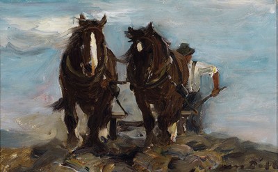Otto Dill, 1884 Neustadt a. d. Weinstraße- 1957 Bad Dürkheim, Pflügender Bauer mit einem Pferdegespann, Öl/Malkarton, rechts unten signiert, ca. ...