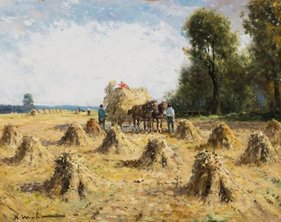 Karl Mohr, 1922-2013 Düsseldorf, Getreideernte, Öl/Hartfaser, links unten signiert, ca. 40x50cm, R. ca. 52x62cm