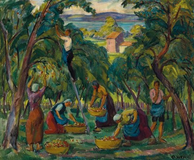 Otto Weil, 1884 Friedrichstal-1929 Saarbrücken, Bei der Apfelernte, Öl/Lwd, expressive Malerei bei breitem Pinselduktus, rechts unten signiert, ca. ...