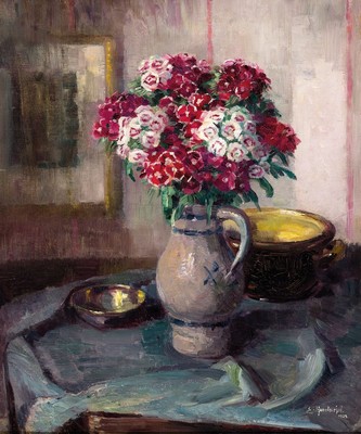 Elisabeth Haentzschel, 1882-1970 Straßburg/Elsass, Stillleben mit Blumen in Westerwälder Krug, Topf und Schale, im Hintergrund ein Spiegel, ...