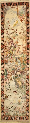 Esfahan fein, Persien, signiert Zafarmanesh, um 1960, Korkwolle mit und auf Seide, ca. 295 x 76 cm, ca. 1,0 Mio. Kn/qm, EHZ: 1-2, abraschiert, ...
