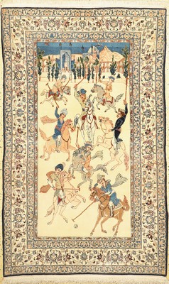Esfahan fein"Polospiel", Persien, um 1950, Korkwolle mit und auf Seide, ca. 180 x 110 cm,ca. 1,0 Mio. Kn/qm, EHZ: 1-2, fachkundig gereinigt