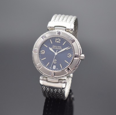 PHILIPPE CHARRIOL Designerarmbanduhr, Schweiz um 1995, Edelstahlgeh. inkl. Gliederband aus gedrehtem Stahl, quarz, Boden aufgedr., blaues Zifferbl. ...
