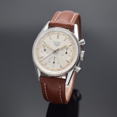 HEUER Carrera seltener, legendäre Schaltradchronograph Referenz 2447, Handaufzug, Schweiz 1960er Jahre, Edelstahl, Boden geschr., silb. ...