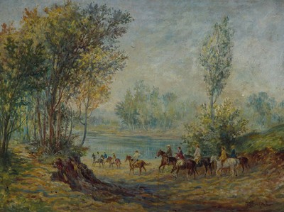 Hans-Heinrich Müller-Werther, 1911-2008 Nürnberg, Studium an der Akademie München, Ausflug zu Pferde, Waldlandschaft mit Flusslauf und großer ...