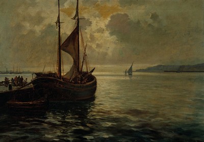 E. Gorka, Künstler des frühen 20.Jh., Segelschiff im Hafen, Sonne durchbricht den wolkenbedeckten Himmel, links unten signiert, Öl/Lwd, Altersp., ...