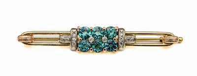14 kt Gold Turmalin-Diamant-Brosche, GG 585/000 gepr., 6 rundfacett. Turmaline zus. ca. 5.00 ct, 10 8/8-Diamanten zus. ca. 0.10 ctWeiß/si, L. ...