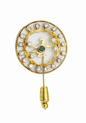 14 kt Gold Diamant-Smaragd-Nadel, GG 585/000 gepr., 20 in WG gefasste Diamanten zus. ca. 1.10 ct feines Weiß-Weiß/si-p, mittigrundfacett. Smaragd ...