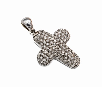 14 kt Gold Brillant-Kreuzanhänger, WG 585/000, 101 Brillanten zus. ca. 1.67 ct Weiß-l.get.Weiß/si-p 1, L. ca. 4 cm, ca. 9.0 g