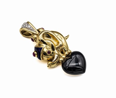 18 kt Gold Clip-Medaillonanhänger "Elefant", GG 750/000, 1 Onyx-Herz ca. 9.50 ct, 4 Rubin-Cabochons zus. ca. 0.60 ct, 17 Brillanten zus. ...