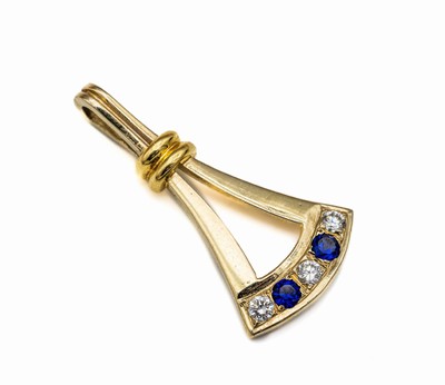 18 kt Gold Saphir-Brillant-Anhänger, GG 750/000, 2 rundfacett. Saphire und Diamanten, L. ca. 3 cm, ca. 2.9 g