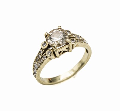 14 kt Gold Brillant-Ring, GG 585/000, Brillant ca. 1.50 ct fancy Braun/vvs, weitere 22 Brillanten zus. ca. 0.36 ct Weiß-get.Weiß/ si, ca. 5.1 g, ...