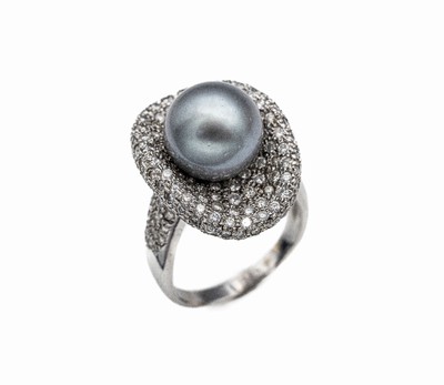 18 kt Gold Tahitizuchtperl-Brillant-Ring, WG 750/000, silbergraue Perle, D. ca. 12.4 mm,Brillanten zus. ca. 3.00 ct Weiß/si, RW 60.5, ca. 17.7 g