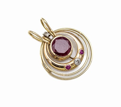 18 kt Gold Rubin-Diamant-Anhänger, GG 750/ 000, GG 750/000, Ösen in GG 585/000, besetzt mit 3 8/8 Diamanten zus. ca. 0.06 ct, mittig rundfacett. ...
