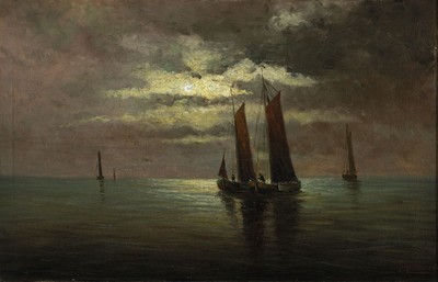 Herbert Kuhlmann, geb. 1936 Hamburg, Fischerboote auf ruhiger See in einer Vollmondnacht, ÖL/Lwd, rechts unten signiert, ca. 45x68cm, R. ca. 58x81cm