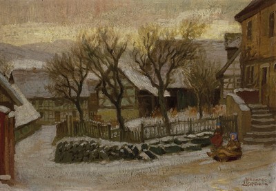 Johannes Lippmann, 1858 Offenbach-1935 Darmstadt, Lehre zum Lithographen, Studien am Städelschen Kunstinstitut, winterliche Dorflandschaft, zwei ...