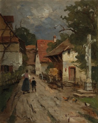 Vitus Staudacher, 1850 Gaimersheim-1925 Baden -Baden, Studium an der Akademie Karlsruhe, "Dorfgasse Haueneberstein" (Schwarzwald) so verso ...