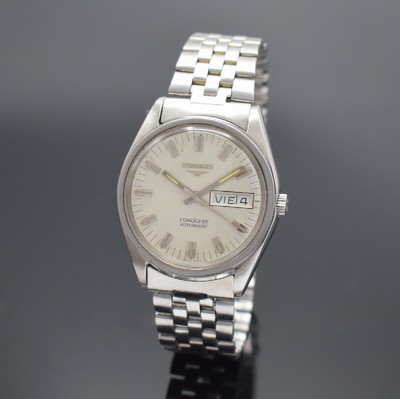 LONGINES Conquest Herrenarmbanduhr in Stahl Referenz 7971, Schweiz um 1975, Automatik, Boden verschr., orig. Gliederband m. Faltschl., silb. ...