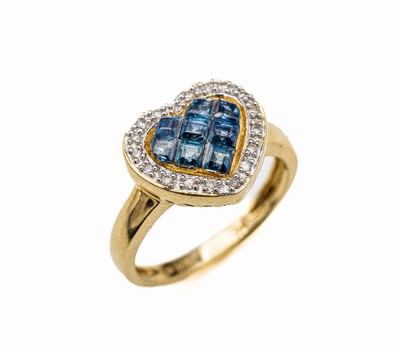 14 kt Gold Saphir-Brillant-Ring, GG/WG 585/000, herzförmiger Ringkopf mit 8 Saphir -Carrees zus. ca. 0.46 ct, umgeben von 18 Brillanten zus. ca. ...