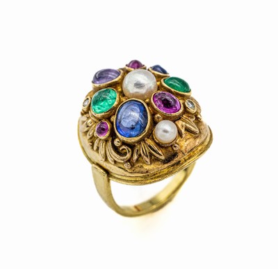 18 kt Gold Farbstein-Ring, GG 750/000, 1950er Jahre, sogn. Gartenring, versch. Farbsteincabochons (u.a. Saphir, Smaragd, Turmalin) zus. ca. 5.0 ct, ...